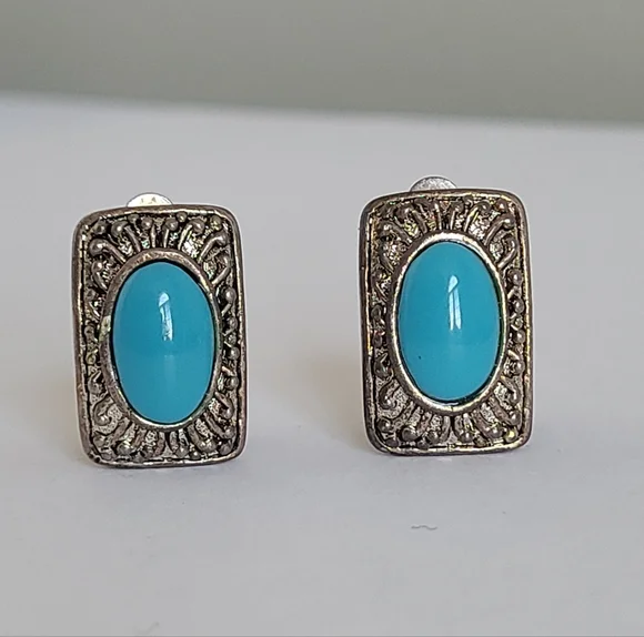 Vintage Boho Greco Roman Turquoise Silver Filigree Square Stud Clip-On Earrings - Picture 3 of 8